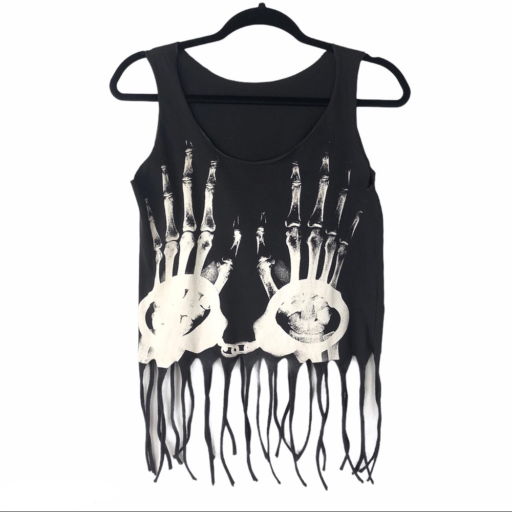 Black sleeveless skull hands fringe crop top Small